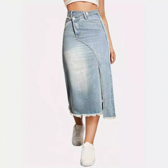 New Spring/Summer New Cross-Border American Retro Denim Skirt for Women, Fashionable Slit-Spliced Midi A-Line Skirt New Spring/Summer New Cross-Border American Retro Denim Skirt for Women, Fashionable Slit-Spliced Midi A-Line Skirt