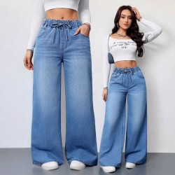 Cross-border washed solid color high-waisted wide-leg pants, 2025 new elastic waist women's jeans, loose and revealing Women's Skinny Pants Cross-border washed solid color high-waisted wide-leg pants, 2025 new elastic waist women's jeans, loose and revealing Women's Skinny Pants