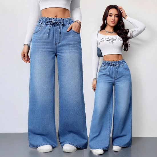 Cross-border washed solid color high-waisted wide-leg pants, 2025 new elastic waist women's jeans, loose and revealing Women's Skinny Pants Cross-border washed solid color high-waisted wide-leg pants, 2025 new elastic waist women's jeans, loose and revealing Women's Skinny Pants
