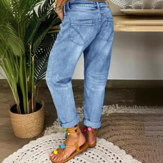 2025 European and American Cross-Border New Blue Ripped Jeans for Women, Loose Straight-Leg Casual Pants, In Stock