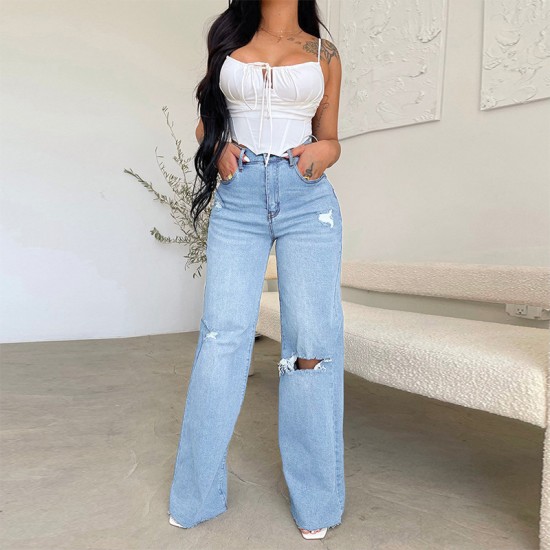 Factory direct sale on Amazon, women's long high-waisted jeans, ripped, raw-edge, popular European and American style, comfortable wide-leg pants.