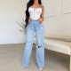 Factory direct sale on Amazon, women's long high-waisted jeans, ripped, raw-edge, popular European and American style, comfortable wide-leg pants.