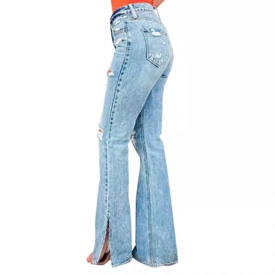 Factory direct sales of 2025 new cross-border European and American women's jeans, high-waisted, ripped, slightly flared, slit pants Factory direct sales of 2025 new cross-border European and American women's jeans, high-waisted, ripped, slightly flared, slit pants