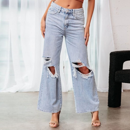 2025 European and American Knee-Ripped Jeans for Women, High-Waisted, Long, Wide-Leg, Light-Washed Casual Pants 2025 European and American Knee-Ripped Jeans for Women, High-Waisted, Long, Wide-Leg, Light-Washed Casual Pants