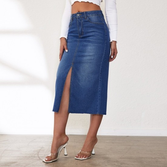 Factory direct sales, foreign trade, 2025 American retro non-stretch denim shorts Women's midi-length slit skirt