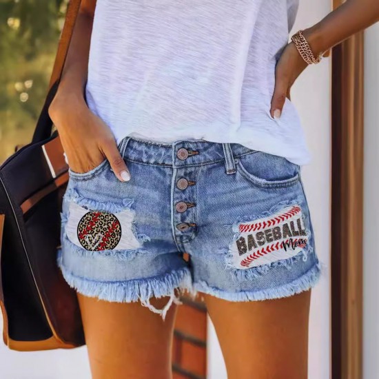 2025 trendy European and American buttoned printed patch denim shorts for women, cross-border trade ripped tassel hot pants wholesale. 2025 trendy European and American buttoned printed patch denim shorts for women, cross-border trade ripped tassel hot pants wholesale.