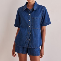 Casual style 2025 summer new cross-border foreign trade washed retro solid color short-sleeved shirt and shorts denim suit for women Casual style 2025 summer new cross-border foreign trade washed retro solid color short-sleeved shirt and shorts denim suit for women