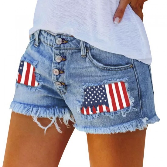 2025 trendy European and American buttoned printed patch denim shorts for women, cross-border trade ripped tassel hot pants wholesale. 2025 trendy European and American buttoned printed patch denim shorts for women, cross-border trade ripped tassel hot pants wholesale.