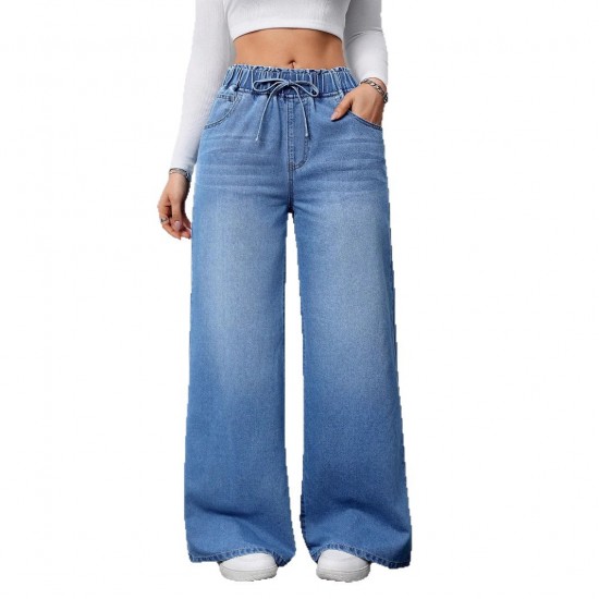 Cross-border washed solid color high-waisted wide-leg pants, 2025 new elastic waist women's jeans, loose and revealing Women's Skinny Pants Cross-border washed solid color high-waisted wide-leg pants, 2025 new elastic waist women's jeans, loose and revealing Women's Skinny Pants