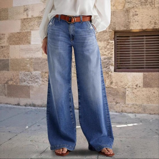 20 25 Spring New European and American Cross-Border Retro Wide-Leg Jeans for Women, Embroidered Stretch Straight-Leg Casual Pants 20 25 Spring New European and American Cross-Border Retro Wide-Leg Jeans for Women, Embroidered Stretch Straight-Leg Casual Pants