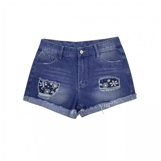 European and American cross-border 2025 summer new ripped denim shorts for women, personalized street print patch jeans, in stock