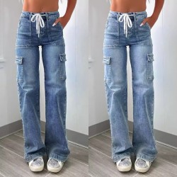 Factory direct sales of 2025 new straight-leg jeans for women, American casual, lace-up, multi-pocket functional work pants, in stock. Factory direct sales of 2025 new straight-leg jeans for women, American casual, lace-up, multi-pocket functional work pants, in stock.