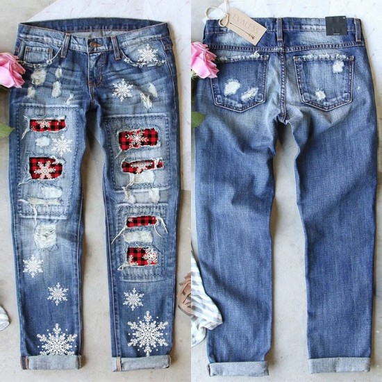 2025 European and American cross-border straight jeans for women, Christmas snowflake print patchwork ripped denim pants in stock 2025 European and American cross-border straight jeans for women, Christmas snowflake print patchwork ripped denim pants in stock