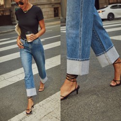 Amazon cross-border 2025 spring and summer new stretch straight jeans for women, quality retro high-waisted trousers with cuffs Amazon cross-border 2025 spring and summer new stretch straight jeans for women, quality retro high-waisted trousers with cuffs