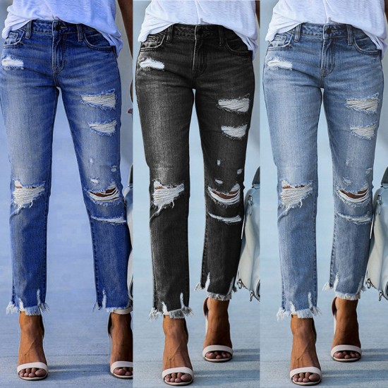 Factory direct sales: 2025 new washed ripped tassel women's jeans, European and American slim-fit stretch skinny jeans, wholesale Factory direct sales: 2025 new washed ripped tassel women's jeans, European and American slim-fit stretch skinny jeans, wholesale