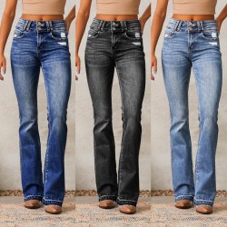 Amazon European and American cross-border vintage ripped jeans for women, 2025 spring new washed streetwear flared trousers. Amazon European and American cross-border vintage ripped jeans for women, 2025 spring new washed streetwear flared trousers.