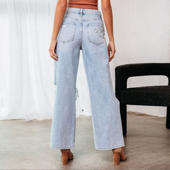 2025 European and American Knee-Ripped Jeans for Women, High-Waisted, Long, Wide-Leg, Light-Washed Casual Pants 2025 European and American Knee-Ripped Jeans for Women, High-Waisted, Long, Wide-Leg, Light-Washed Casual Pants