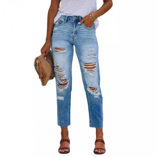 2025 summer stylish, simple European and American ripped, slim-fitting washed denim pants for women