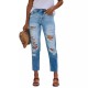 2025 summer stylish, simple European and American ripped, slim-fitting washed denim pants for women
