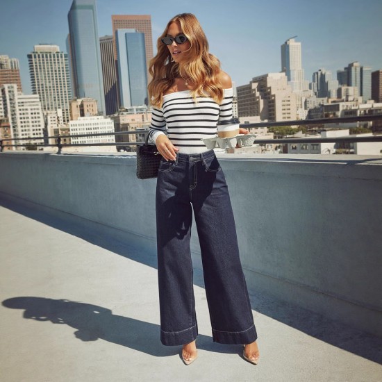 Cross-border 2025 new wide-leg pants in stock, Amazon washed, elegant high-waisted, long wide-leg jeans for women