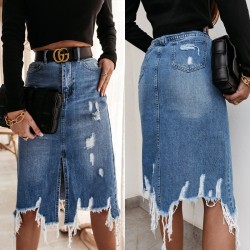 2025 Summer European and American Denim Skirt for Women, Washed Irregular Ripped Fringed Midi Skirt, High-Waisted Distressed 2025 Summer European and American Denim Skirt for Women, Washed Irregular Ripped Fringed Midi Skirt, High-Waisted Distressed