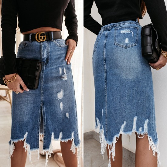 2025 Summer European and American Denim Skirt for Women, Washed Irregular Ripped Fringed Midi Skirt, High-Waisted Distressed 2025 Summer European and American Denim Skirt for Women, Washed Irregular Ripped Fringed Midi Skirt, High-Waisted Distressed