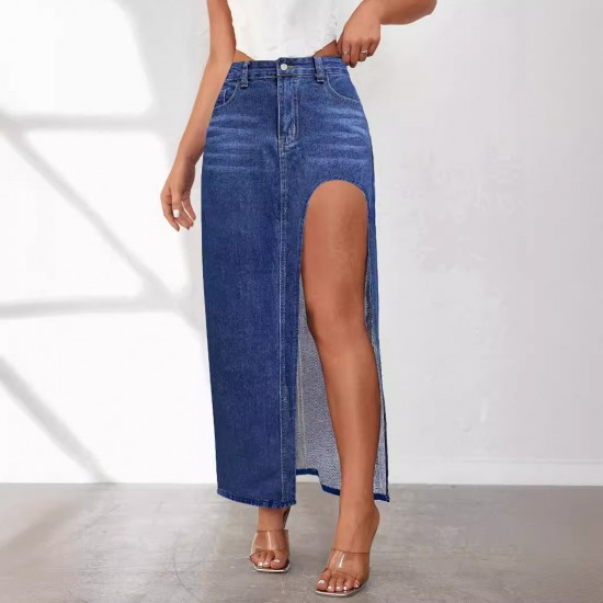 Factory direct sales: European and American cross-border high-slit denim skirt for women, 2025 spring and summer new washed solid color midi skirt Factory direct sales: European and American cross-border high-slit denim skirt for women, 2025 spring and summer new washed solid color midi skirt