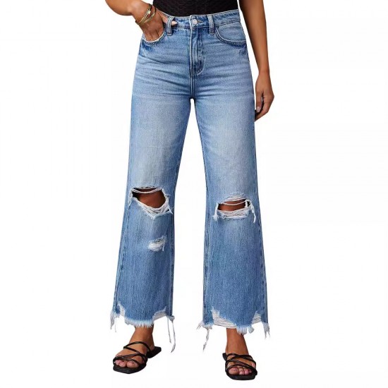 2025 cross-border new wide-leg pants, tasseled, washed, tie-dyed, ripped high-waisted jeans, straight-leg casual trousers for women. 2025 cross-border new wide-leg pants, tasseled, washed, tie-dyed, ripped high-waisted jeans, straight-leg casual trousers for women.