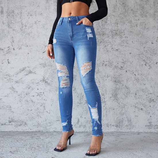 Amazon European and American Cross-border Ripped Jeans for Women, 2025 Spring/Summer New Slimming, Hip-lifting Skinny Pants, High-waisted, In Stock
