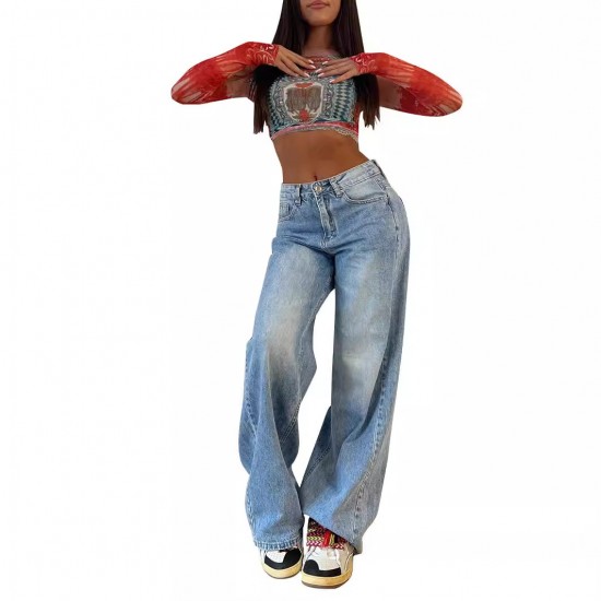2025 new European and American cross-border retro American-style long wide-leg pants, hot girl loose jeans, high-waist straight-leg pants 2025 new European and American cross-border retro American-style long wide-leg pants, hot girl loose jeans, high-waist straight-leg pants