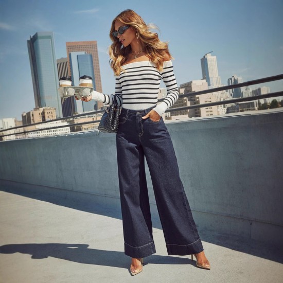 Cross-border 2025 new wide-leg pants in stock, Amazon washed, elegant high-waisted, long wide-leg jeans for women