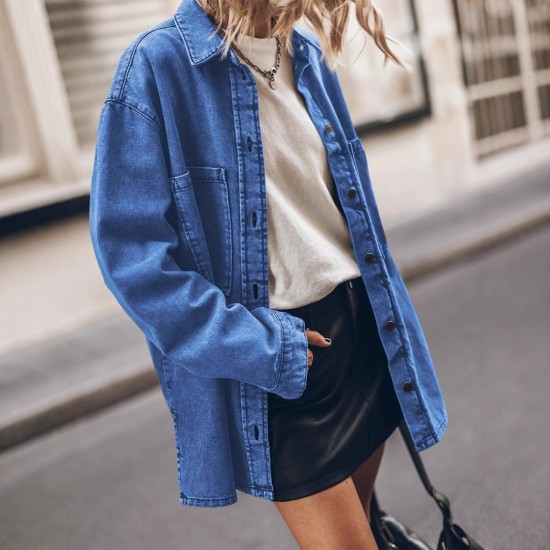 European and American Retro Hong Kong Style Lapel Denim Jacket for Women, Blue Large Pocket Loose Casual Shirt European and American Retro Hong Kong Style Lapel Denim Jacket for Women, Blue Large Pocket Loose Casual Shirt