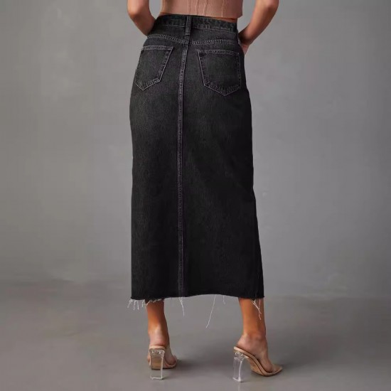Amazon cross-border 2025 new slit denim skirt for women, high-waisted, washed American-style A-line midi skirt