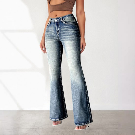 Cross-border women's fashion: high-elastic pocket embroidered vintage jeans, slim-fitting, hip-lifting flared pants