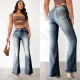 Cross-border women's fashion: high-elastic pocket embroidered vintage jeans, slim-fitting, hip-lifting flared pants