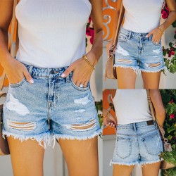 Factory-Shop Cross-Border Independent Station New 2023 Summer Casual Ripped Raw-Edge Straight-Leg Washed Women's Denim Shorts Factory-Shop Cross-Border Independent Station New 2023 Summer Casual Ripped Raw-Edge Straight-Leg Washed Women's Denim Shorts