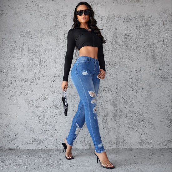 Amazon European and American Cross-border Ripped Jeans for Women, 2025 Spring/Summer New Slimming, Hip-lifting Skinny Pants, High-waisted, In Stock