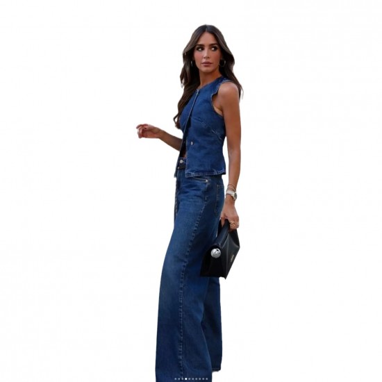 Amazon AliExpress cross-border European and American 2025 spring and summer new sleeveless women's clothing. Fashionable wide-leg denim vest set Amazon AliExpress cross-border European and American 2025 spring and summer new sleeveless women's clothing. Fashionable wide-leg denim vest set