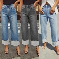 Amazon cross-border 2025 spring and summer new stretch straight jeans for women, quality retro high-waisted trousers with cuffs Amazon cross-border 2025 spring and summer new stretch straight jeans for women, quality retro high-waisted trousers with cuffs