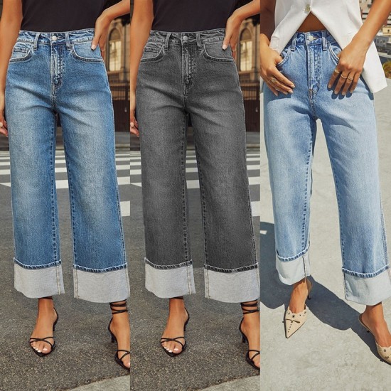 Amazon cross-border 2025 spring and summer new stretch straight jeans for women, quality retro high-waisted trousers with cuffs