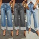 Amazon cross-border 2025 spring and summer new stretch straight jeans for women, quality retro high-waisted trousers with cuffs