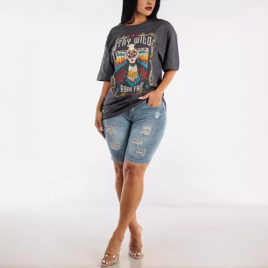 2025 new European and American cross-border high-waisted ripped denim shorts for women, stretchy, slim-fitting, hip-lifting cropped pants in stock 2025 new European and American cross-border high-waisted ripped denim shorts for women, stretchy, slim-fitting, hip-lifting cropped pants in stock