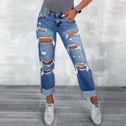 Factory direct sales: 2025 new cross-border women's ripped jeans with pockets, slimming, European straight-leg pants Factory direct sales: 2025 new cross-border women's ripped jeans with pockets, slimming, European straight-leg pants