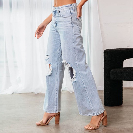 2025 European and American Knee-Ripped Jeans for Women, High-Waisted, Long, Wide-Leg, Light-Washed Casual Pants 2025 European and American Knee-Ripped Jeans for Women, High-Waisted, Long, Wide-Leg, Light-Washed Casual Pants