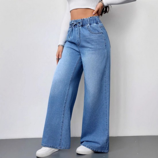 Cross-border washed solid color high-waisted wide-leg pants, 2025 new elastic waist women's jeans, loose and revealing Women's Skinny Pants Cross-border washed solid color high-waisted wide-leg pants, 2025 new elastic waist women's jeans, loose and revealing Women's Skinny Pants
