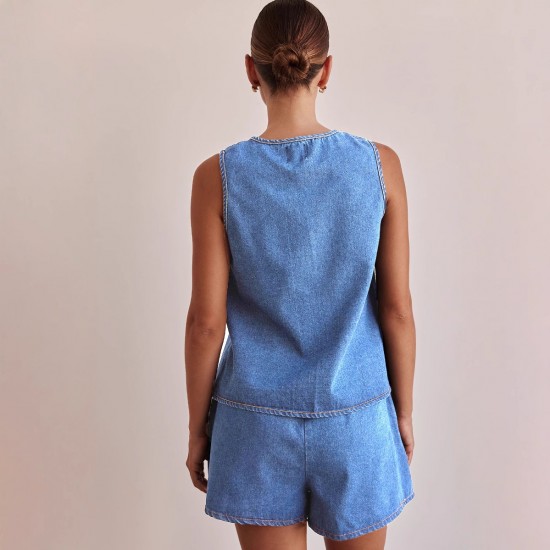 Independent cross-border European and American style summer fashion casual sleeveless tie-down high-waisted women's vest denim shorts set Independent cross-border European and American style summer fashion casual sleeveless tie-down high-waisted women's vest denim shorts set