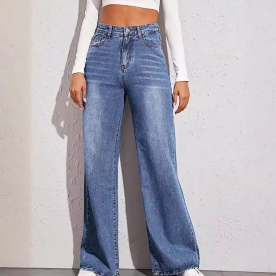 2025 European and American Foreign Trade Hot-Style Washed Cat Whisker Monkey Craft Loose High-Waisted Wide-Leg Jeans for Women