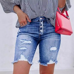 2025 Amazon Cross-Border Slim-Fit Buttoned Denim Shorts: Streetwear Ripped Raw-Edged Skinny Shorts for Women
