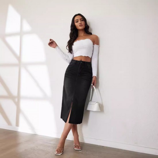 Factory direct sales, foreign trade, 2025 American retro non-stretch denim shorts Women's midi-length slit skirt