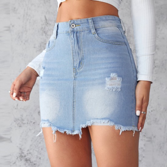 European and American Cross-border 2025 Summer New Slim-Fit Ripped Denim Skirt for Women Light-Color Washed Raw-Edge A-Line Skirt European and American Cross-border 2025 Summer New Slim-Fit Ripped Denim Skirt for Women Light-Color Washed Raw-Edge A-Line Skirt